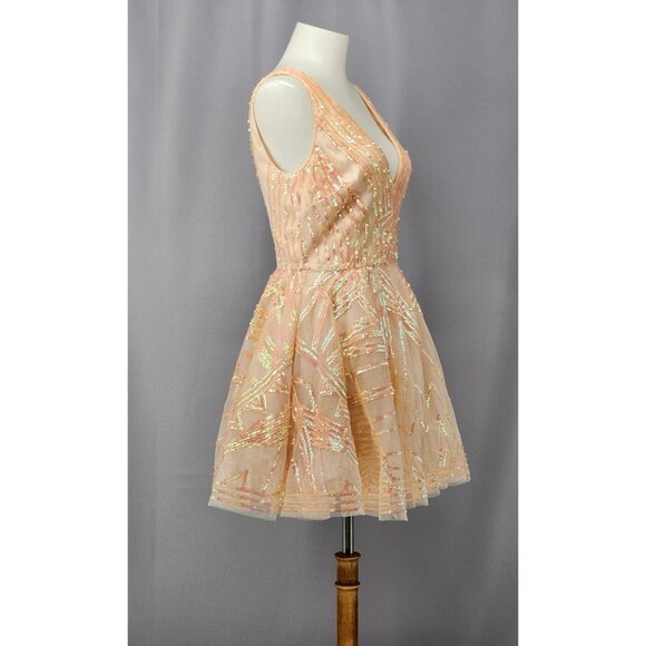 Bebe Mini Dress XS Peach Sequins Layered Mesh Coquette Hoco Ballerina Fairycore - Picture 3 of 16
